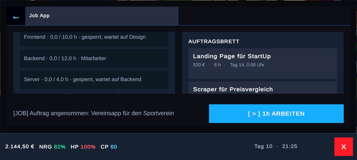 Job-App mit Schrittliste: Frontend gesperrt, wartet auf Design; Backend beim Mitarbeiter; Server gesperrt, wartet auf Backend
